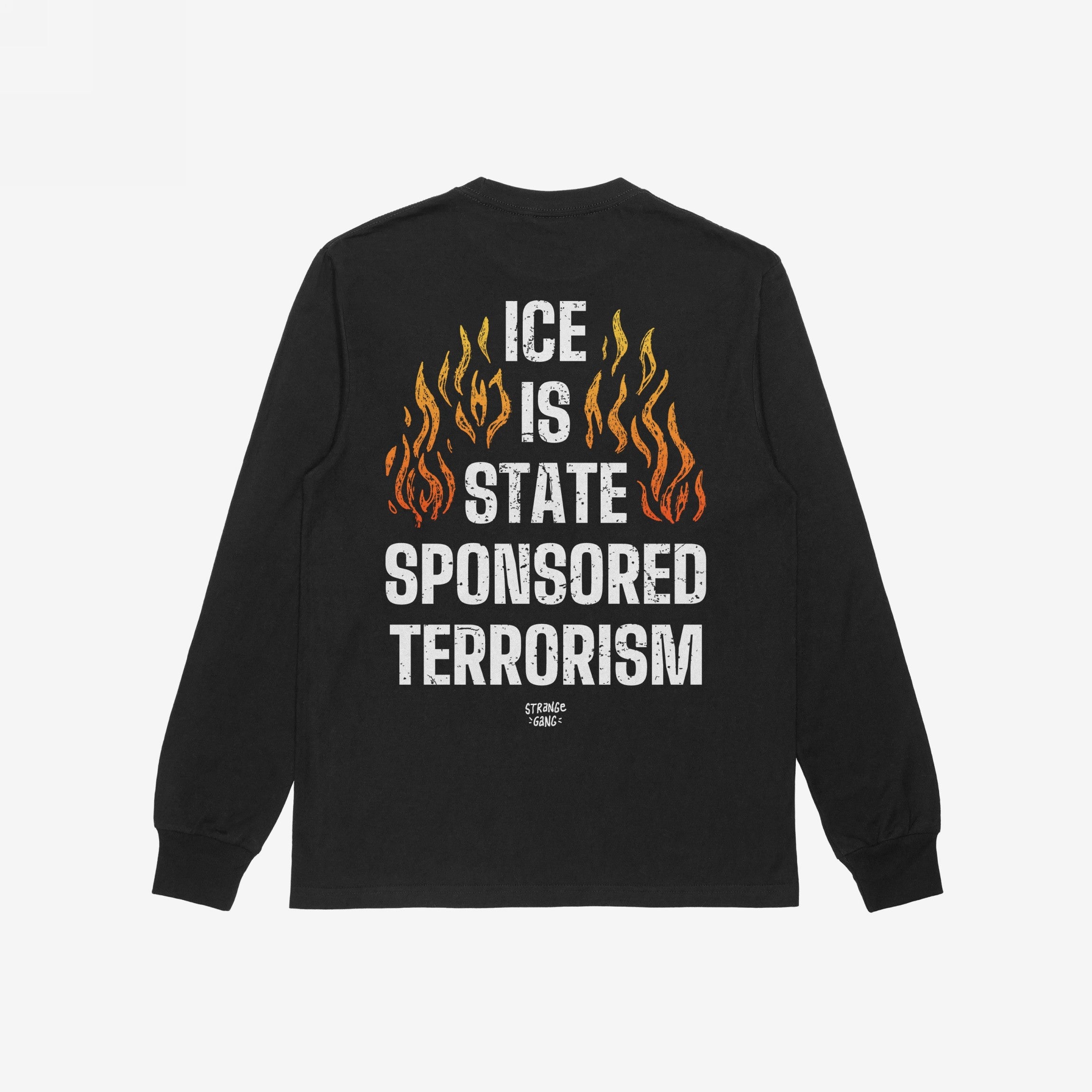 Black long-sleeve shirt featuring bold ICE Is State Sponsored Terrorism text with orange-to-yellow flame graphic on the back, designed to support immigrant rights and activism.