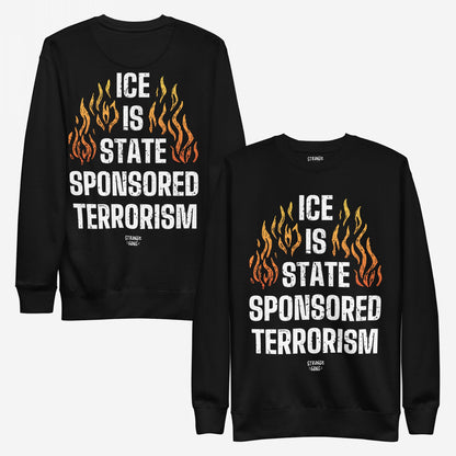 ICE Is State Sponsored Terrorism Hoodie & Sweatshirt featuring bold white distressed text and flame graphics, printed on both sides. A powerful statement piece advocating for immigrant justice and resistance.