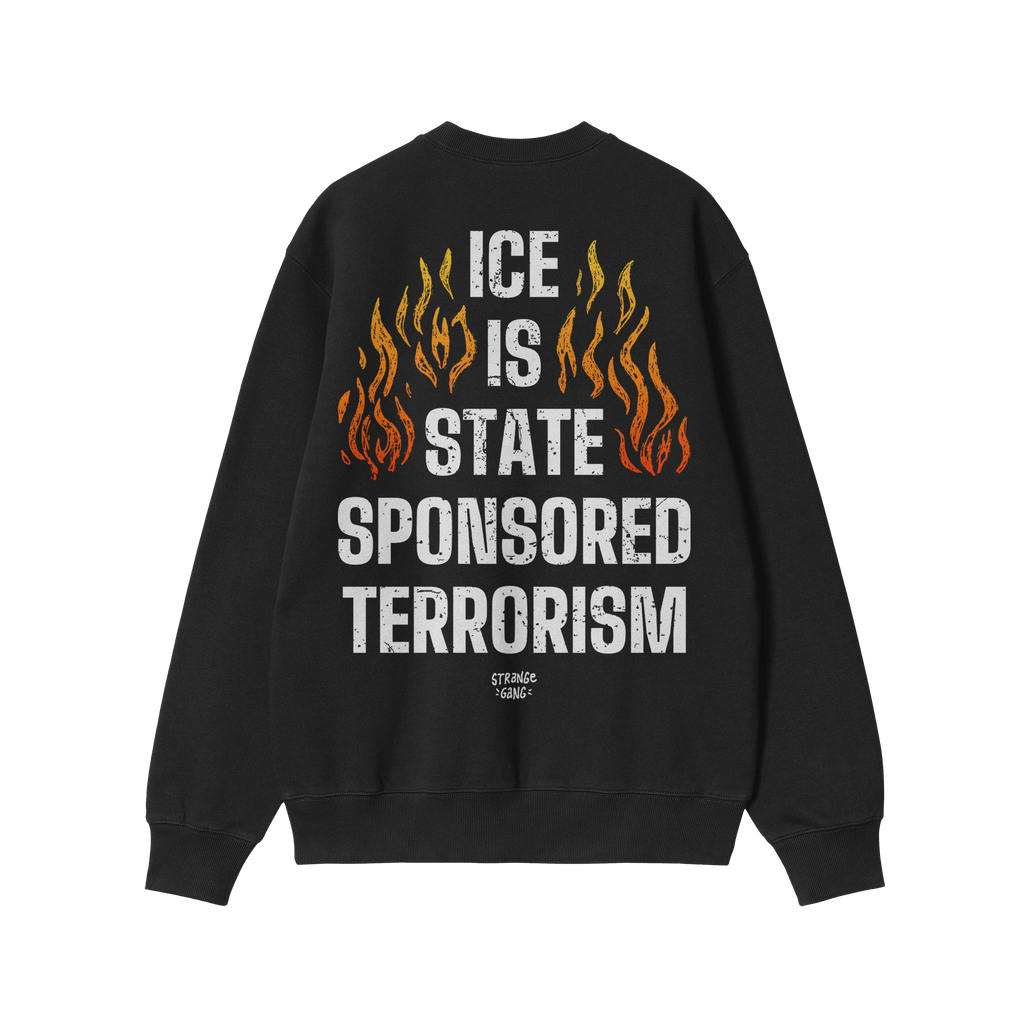 Back view of the ICE Is State Sponsored Terrorism Shirt, featuring bold white text with flame motifs. The design embodies pro