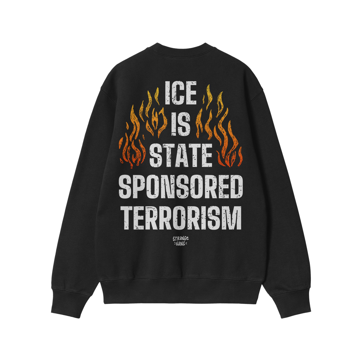 Back view of the ICE Is State Sponsored Terrorism Shirt, featuring bold white text with flame motifs. The design embodies pro