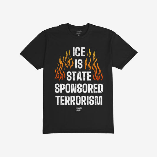 Black T-shirt with bold graphic reading “ICE IS STATE SPONSORED TERRORISM” in distressed white text, flanked by orange-yellow flames, conveying a strong message against cruelty at the border.