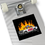 ACAB Police Car Sticker & Magnet on a skateboard deck, featuring a hand-drawn police cruiser engulfed in flames with graffiti ACAB and 911, highlighting resistance against police brutality.