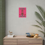 The No Kings No Masters Poster features a guillotine and cartoon heads, conveying anti-monarchy sentiment. Displayed on a wall, it exemplifies bold, rebellious art in a modern interior setting.