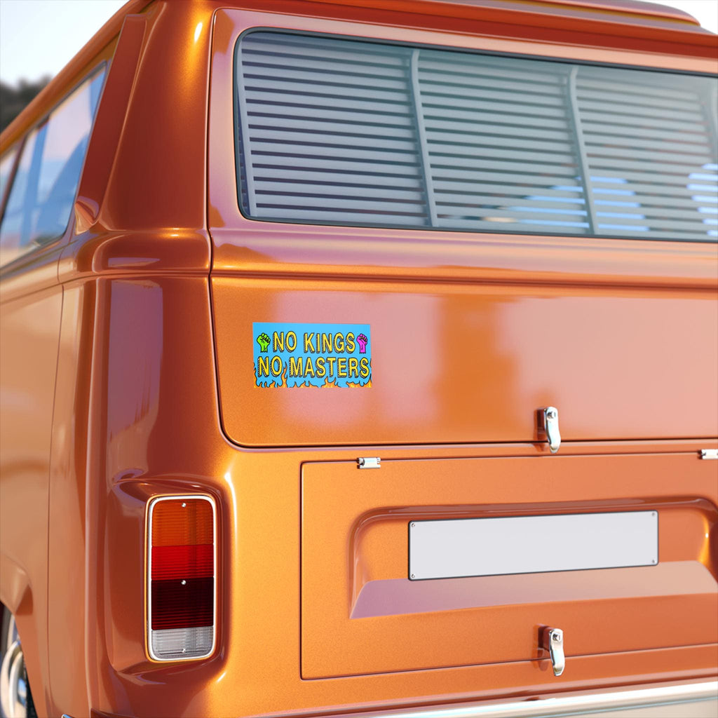 The No Kings No Masters sticker on an orange-metallic van's rear embodies defiance, featuring raised fists and a flame motif, symbolizing resistance against authority. Perfect for activists promoting equality and justice.