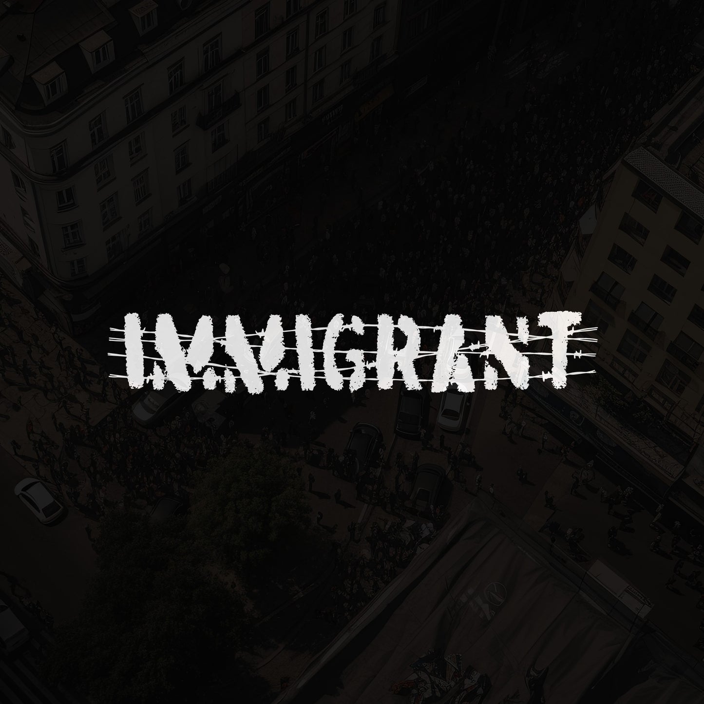 Aerial view of a city street with NAVIGHTAT overlay, showcasing the Immigrant Shirt featuring barbed wire stencil design, symbolizing resilience and unity for justice and equality.