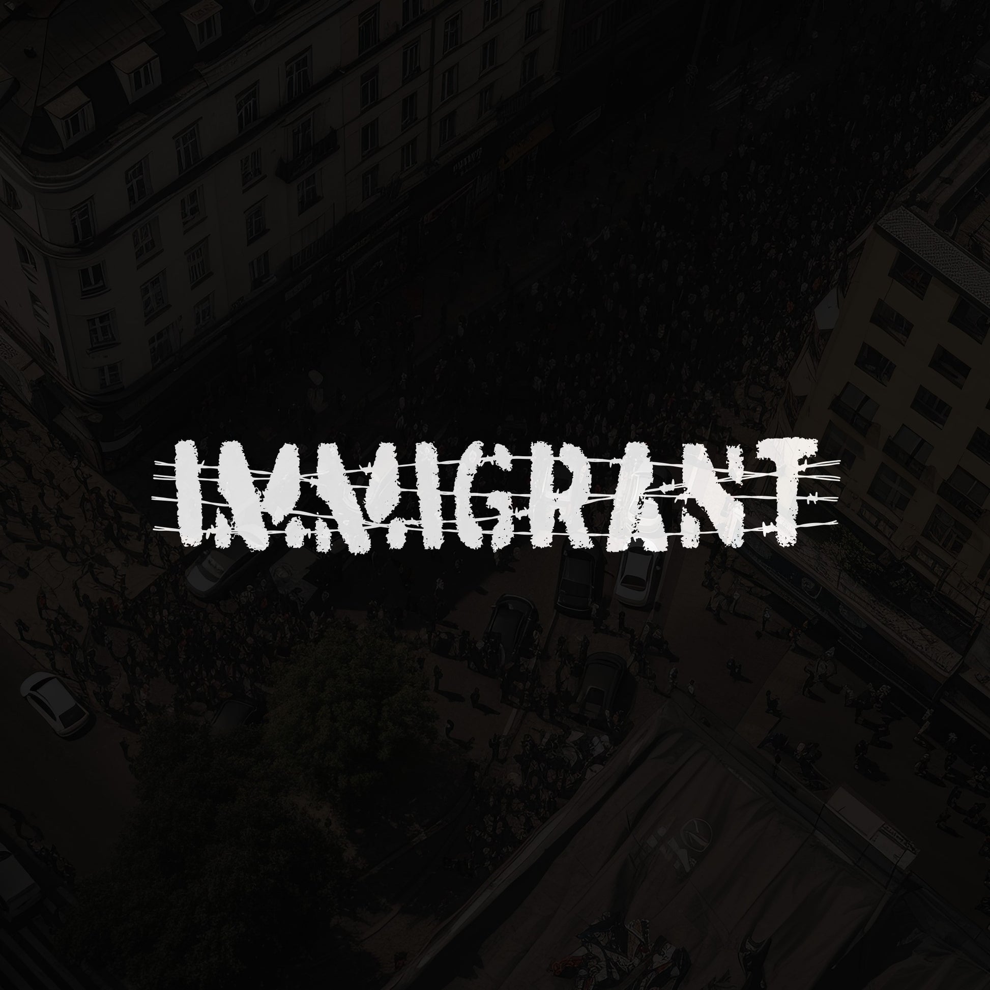 Aerial view of a city street with NAVIGHTAT overlay, showcasing the Immigrant Shirt featuring barbed wire stencil design, symbolizing resilience and unity for justice and equality.