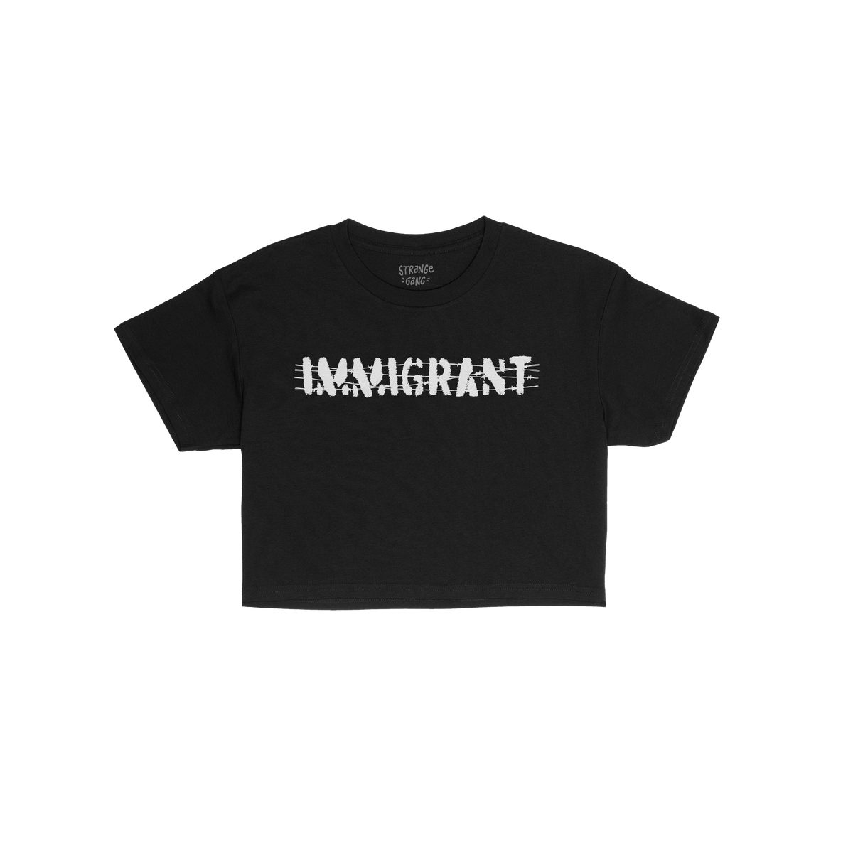 Immigrant Women's Baby Tee featuring distressed white IMMIGRANT text with slash marks on black fabric, symbolizing strength a