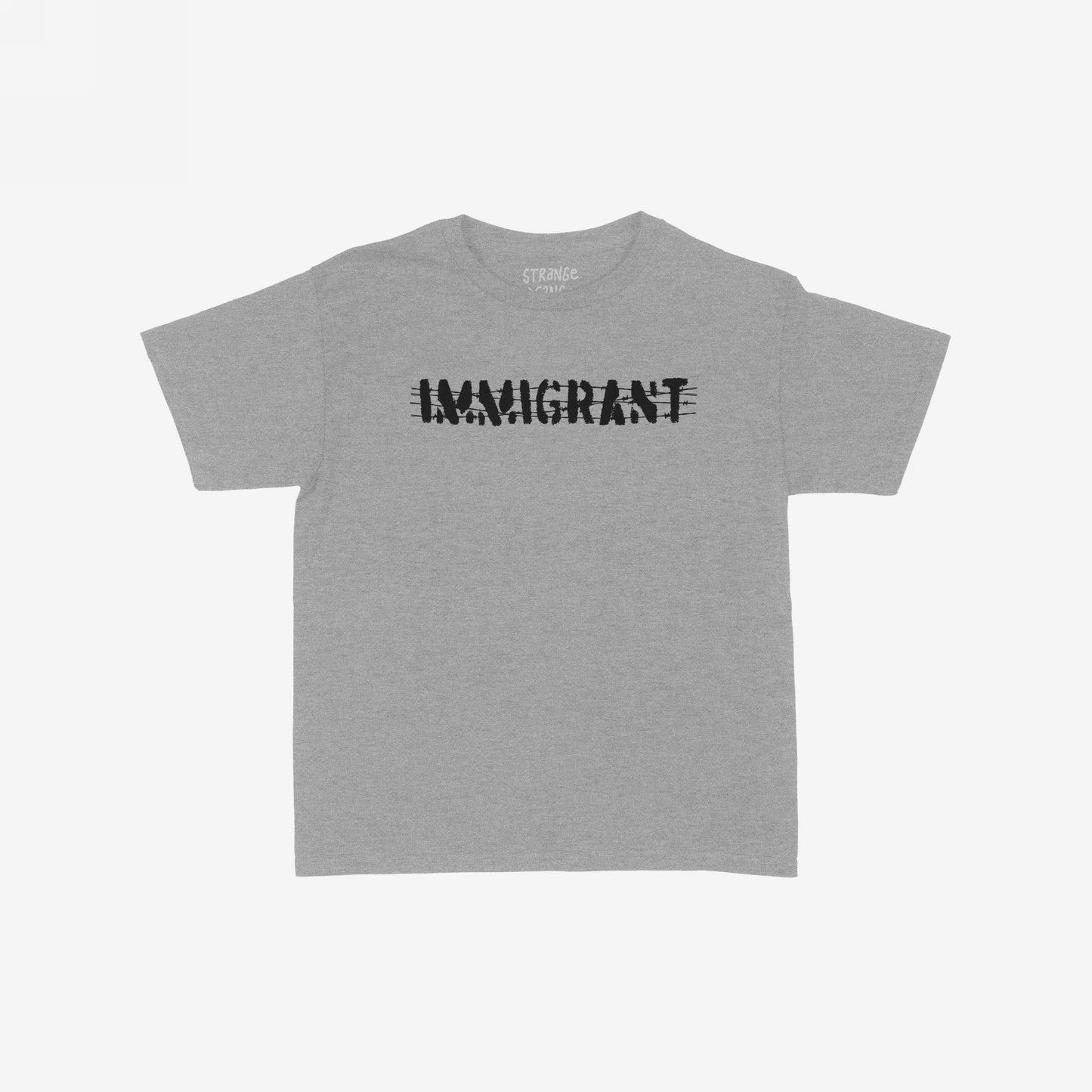 Light-heather-gray Immigrant T-shirt with bold, distressed black lettering and stylized slashes, representing resilience and solidarity. Ideal for expressing support for immigrant rights and social justice.