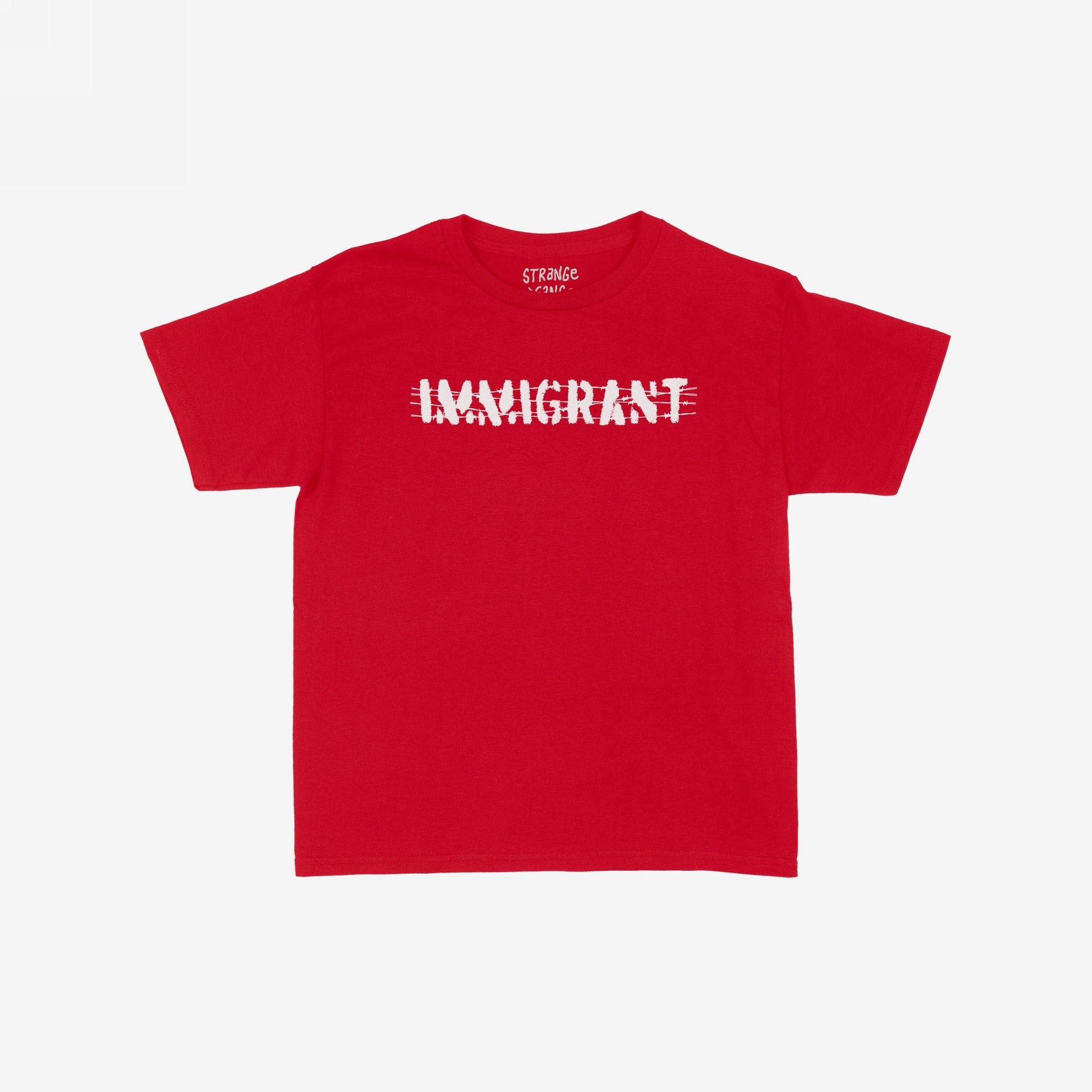Red Immigrant T-shirt with distressed white stencil lettering crossed by lines, symbolizing resilience. Designed for activists, it represents solidarity with immigrant communities, available in men/unisex and kids sizes.