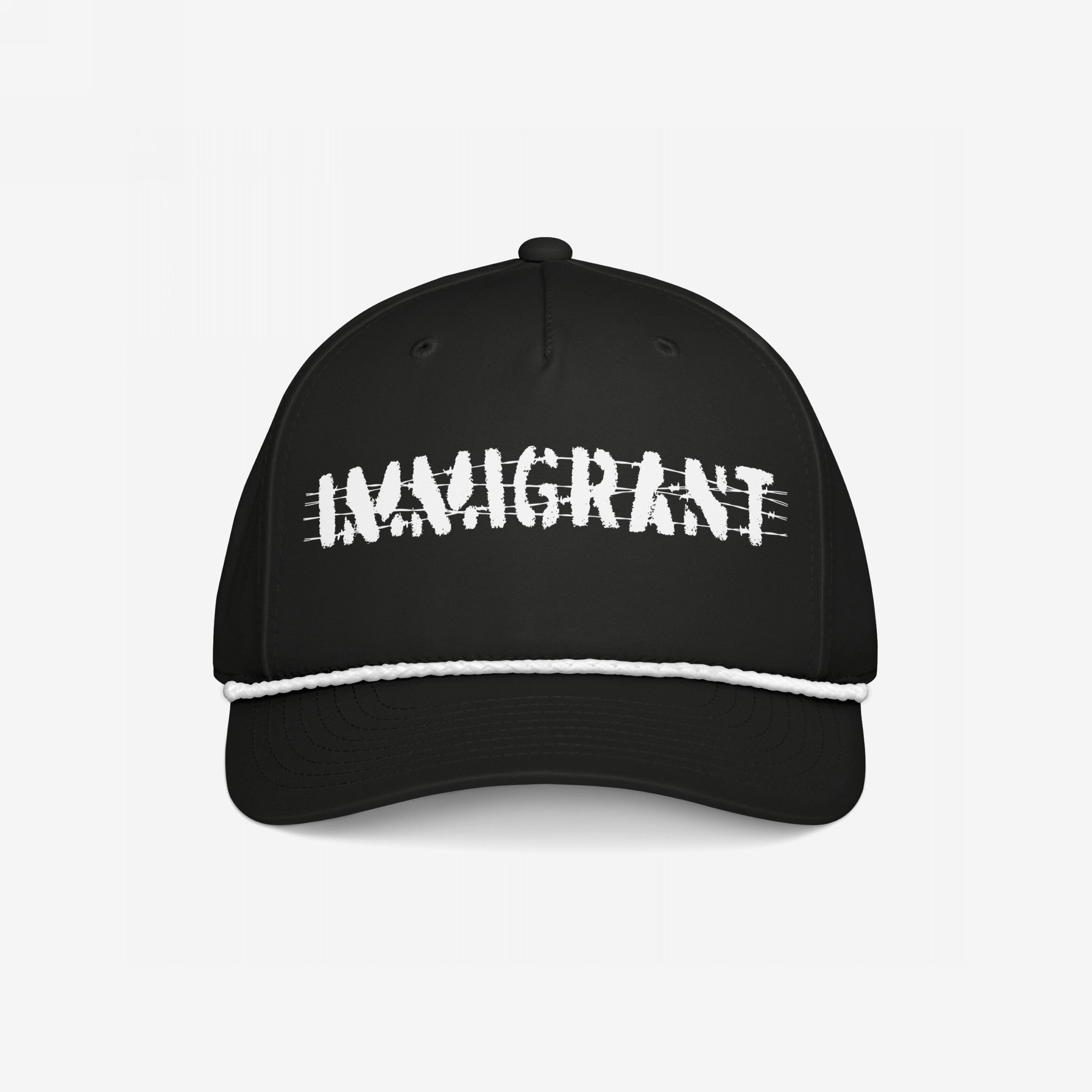 Black trucker-style Immigrant Hat with a white rope detail and IMMIGRANT in distressed font, featuring barbed-wire lines. A bold statement piece for activists, blending style with protest.
