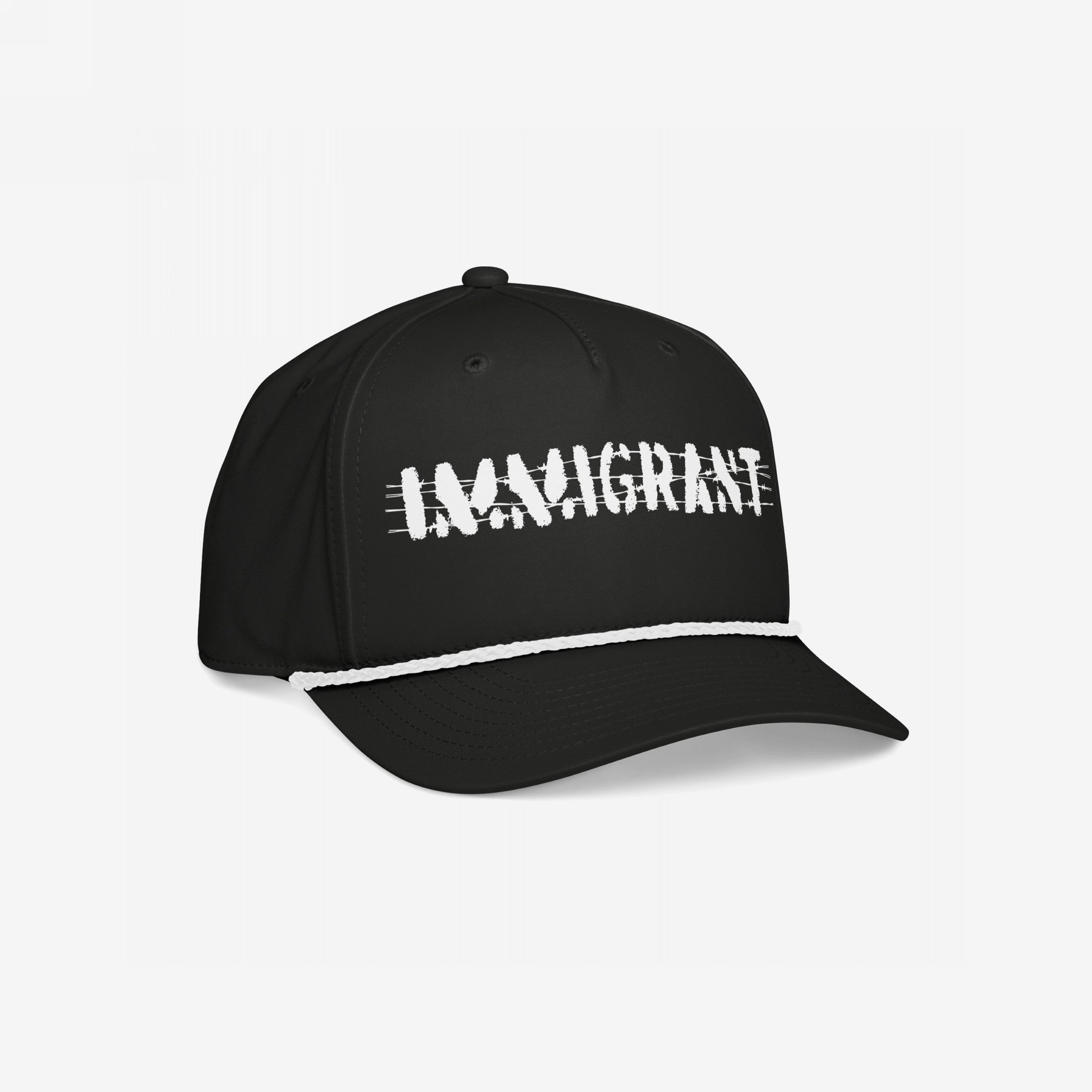 Black Immigrant Hat with IMMIGRANT. in distressed white lettering, featuring a white rope above the brim and a stenciled barbed wire design, embodying rebellion and activism.