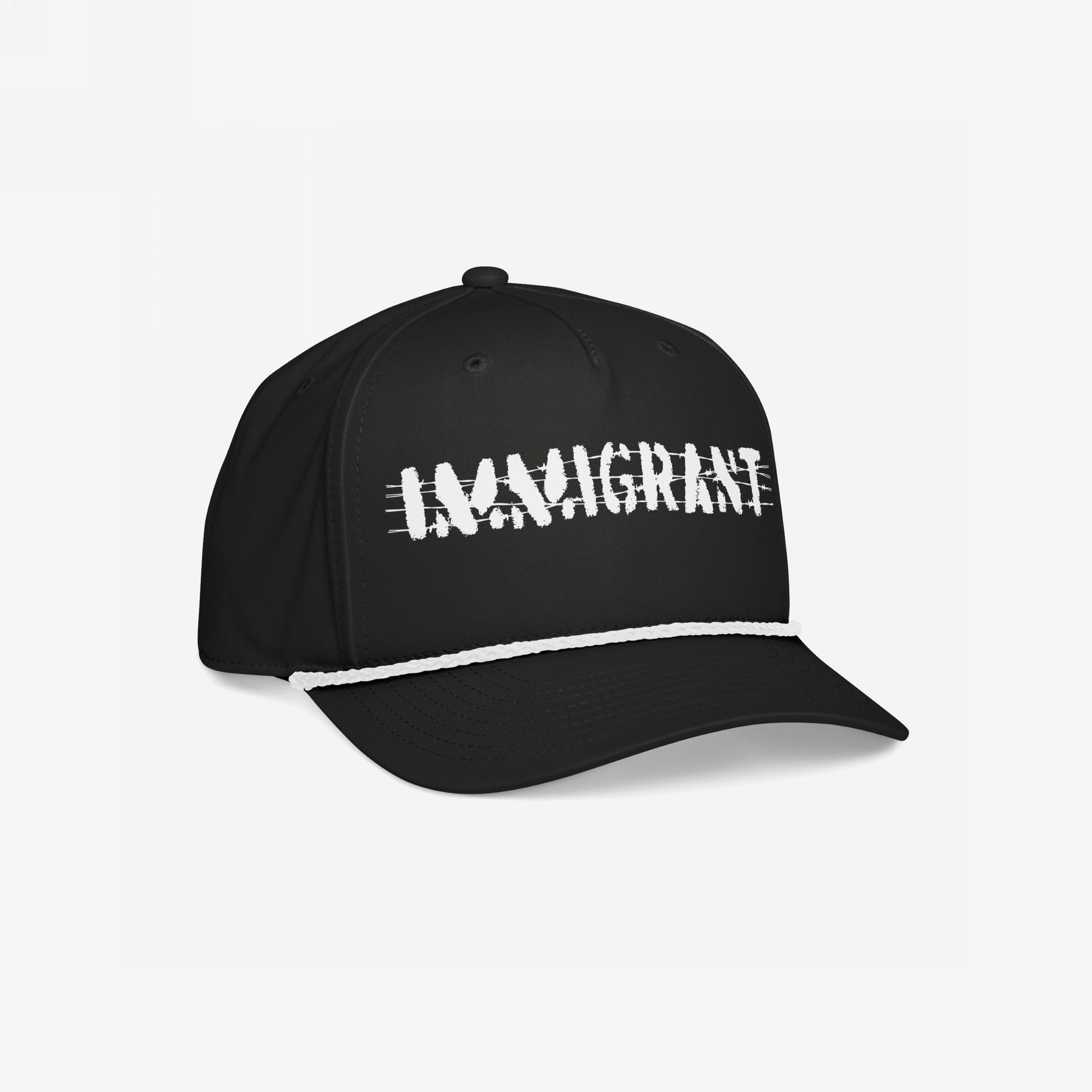 Black Immigrant Hat with IMMIGRANT. in distressed white lettering, featuring a white rope above the brim and a stenciled barbed wire design, embodying rebellion and activism.