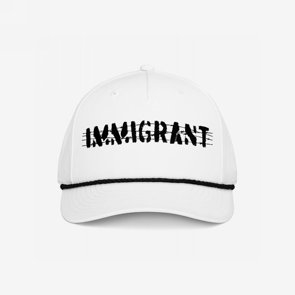 The Immigrant Hat features bold IMMIGRANT embroidery with barbed wire motif, transforming a classic trucker cap into a defiant statement piece for those challenging injustice and supporting equality.