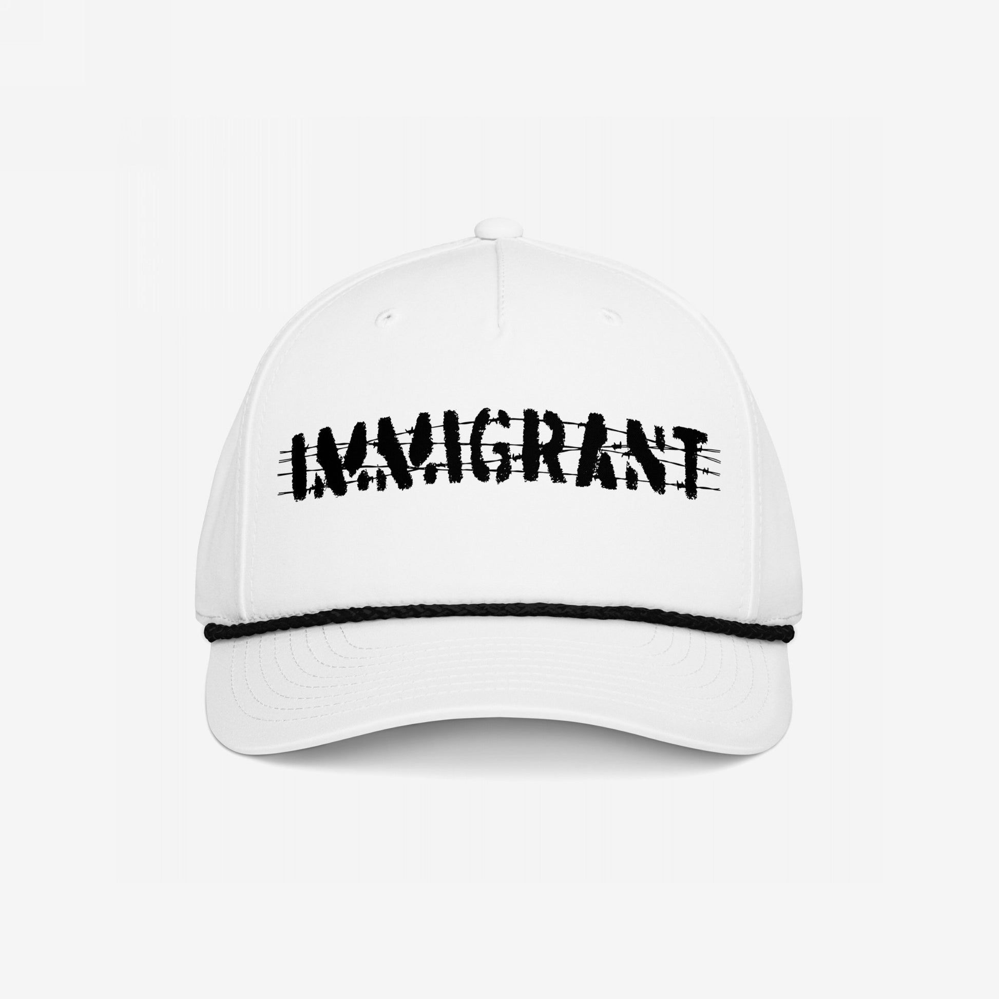 The Immigrant Hat features bold IMMIGRANT embroidery with barbed wire motif, transforming a classic trucker cap into a defiant statement piece for those challenging injustice and supporting equality.