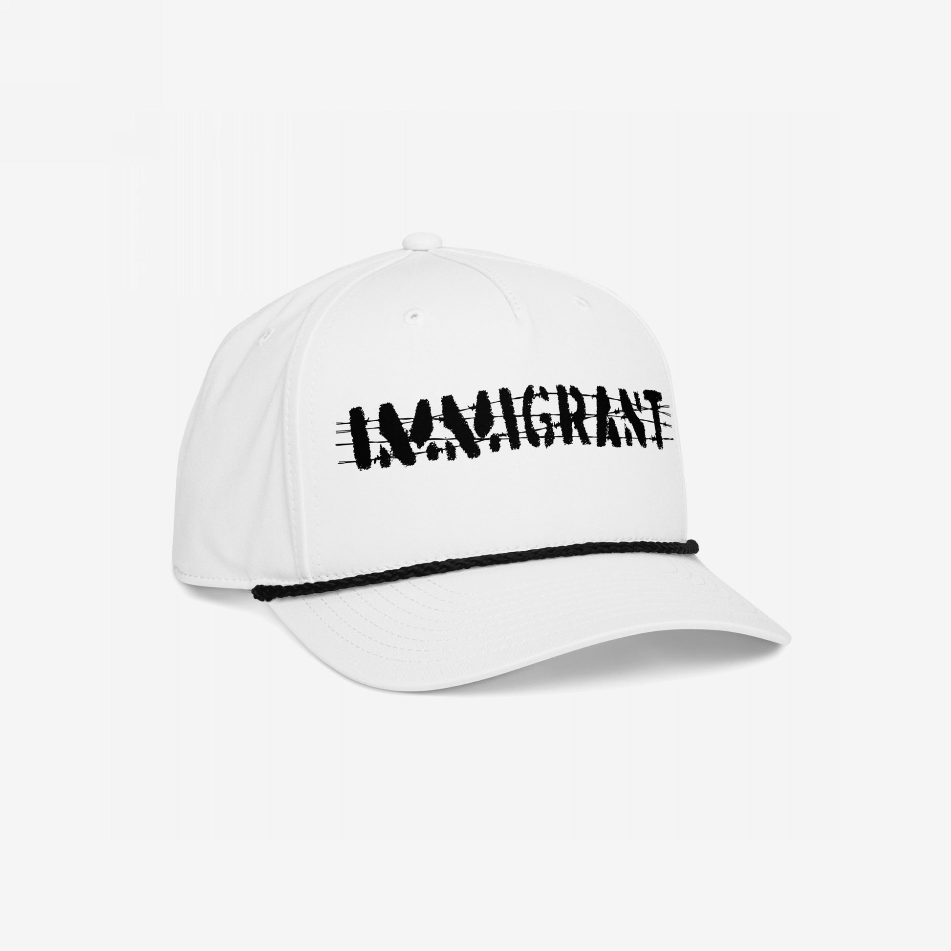 Immigrant Hat with distressed IMMIGRANT embroidery, six-panel cap design, and bold stenciled barbed wire, symbolizes rebellion and activism, perfect for those challenging norms and supporting equality.