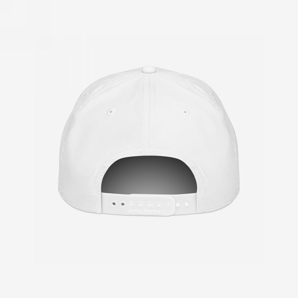 Rear view of the Immigrant Hat, showcasing a white six-panel crown with eyelets, top button, and adjustable snap-back strap. A statement accessory for activists challenging norms and advocating for equality.