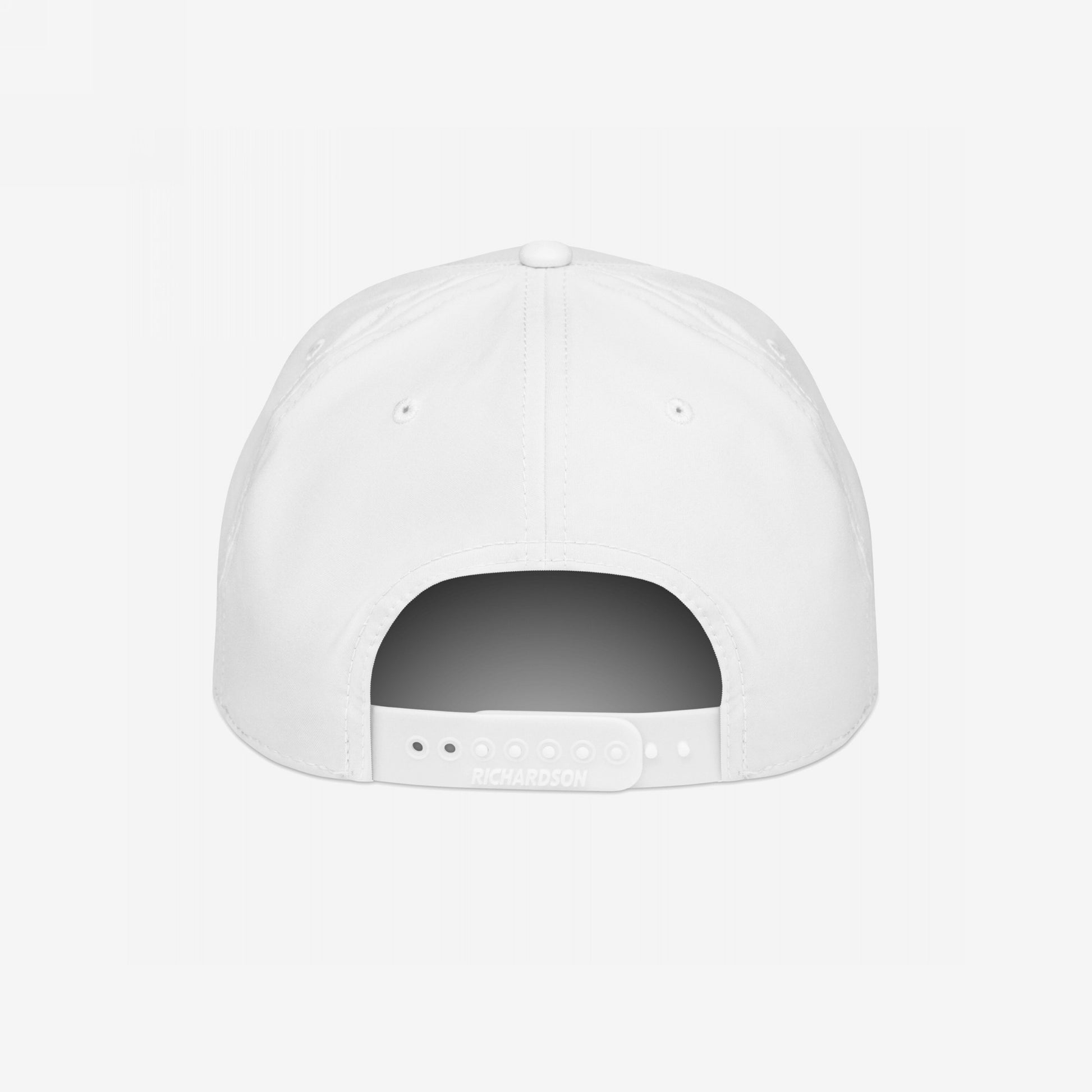 Rear view of the Immigrant Hat, showcasing a white six-panel crown with eyelets, top button, and adjustable snap-back strap. A statement accessory for activists challenging norms and advocating for equality.