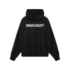 Immigrant Hoodie & Sweatshirt featuring bold, distressed stencil lettering with a barbed-wire effect across the chest, symbol
