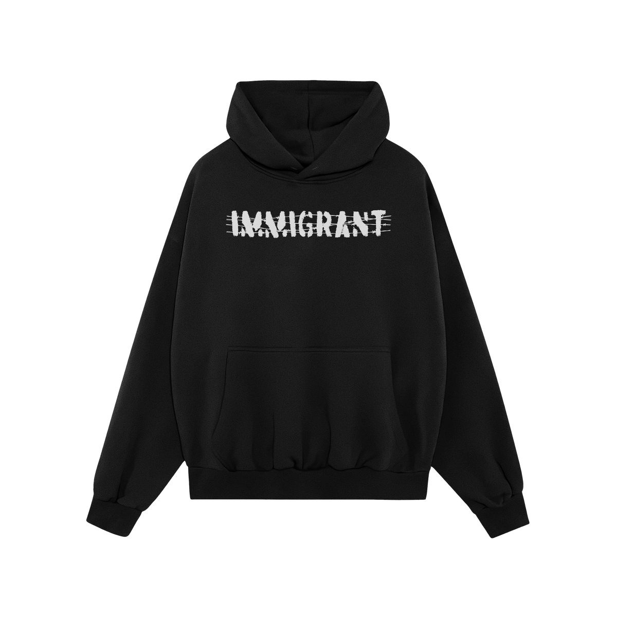 Immigrant Hoodie & Sweatshirt featuring bold, distressed stencil lettering with a barbed-wire effect across the chest, symbol