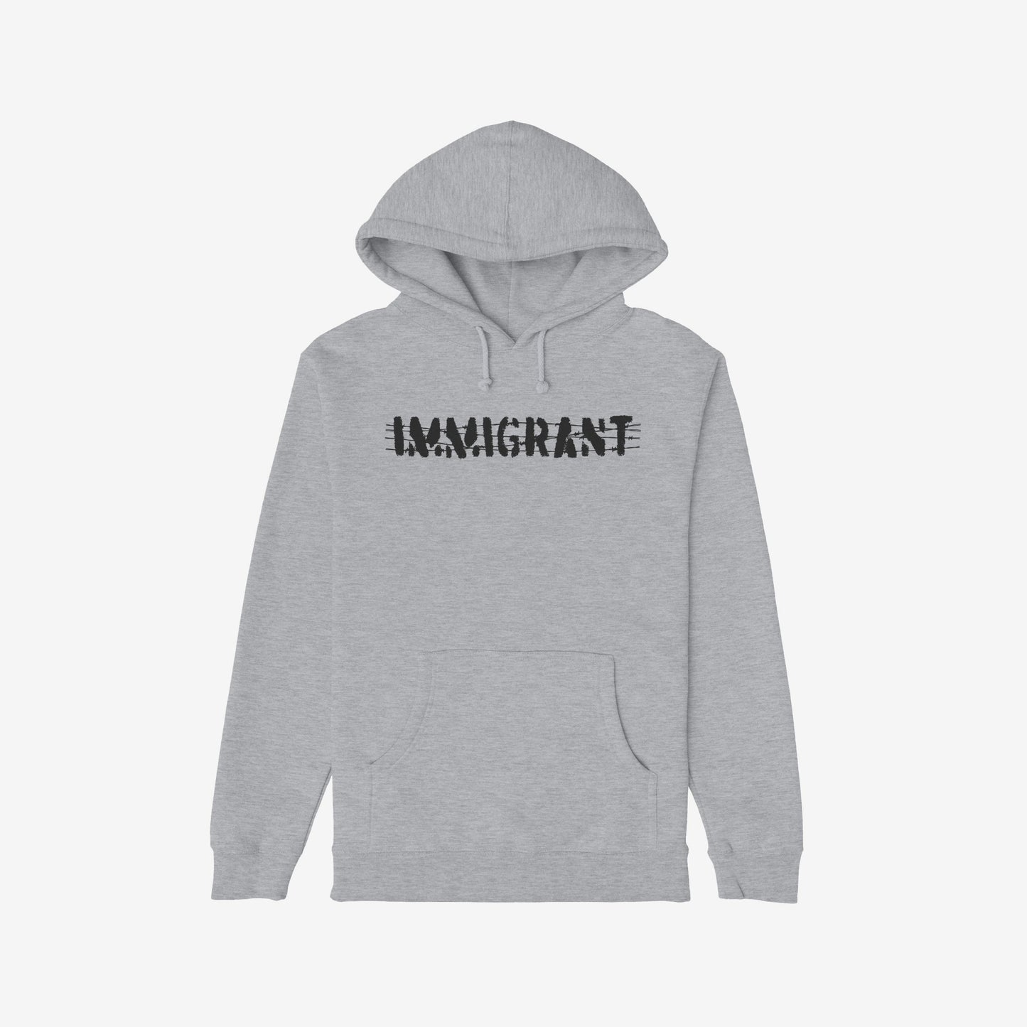 Light-gray pullover hoodie featuring bold IMMIGRANT text with bar-like strikes, symbolizing resilience and solidarity. Part of the Immigrant Shirt collection, crafted for activism and unity.