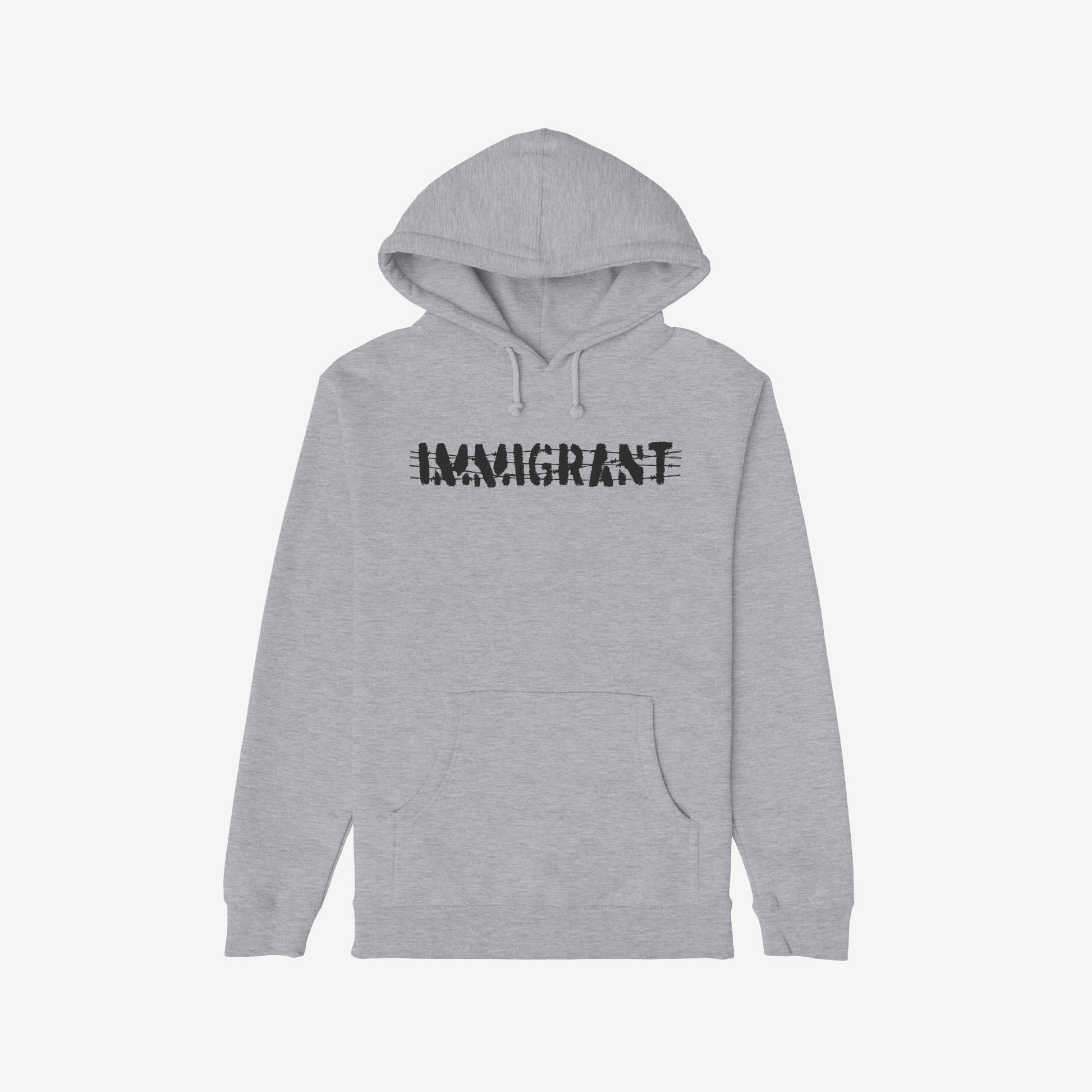 Light-gray pullover hoodie featuring bold IMMIGRANT text with bar-like strikes, symbolizing resilience and solidarity. Part of the Immigrant Shirt collection, crafted for activism and unity.