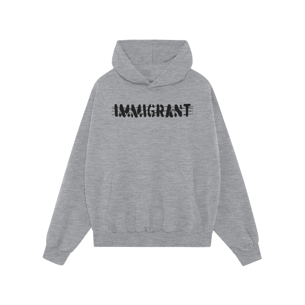 Immigrant Hoodie features a light-gray design with a front kangaroo pocket, adorned with IMMIGRANT in distressed, stenciled b