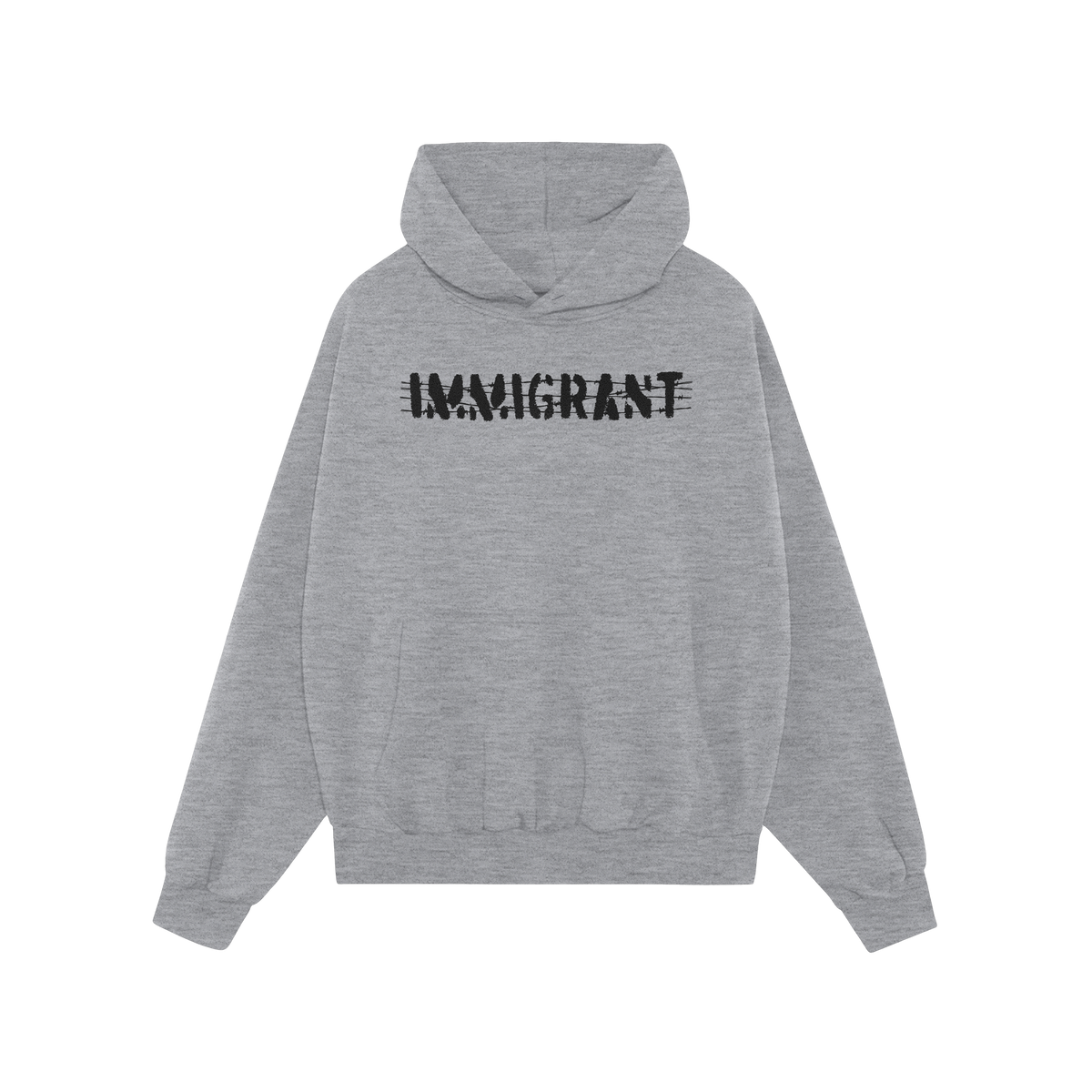 Immigrant Hoodie features a light-gray design with a front kangaroo pocket, adorned with IMMIGRANT in distressed, stenciled b