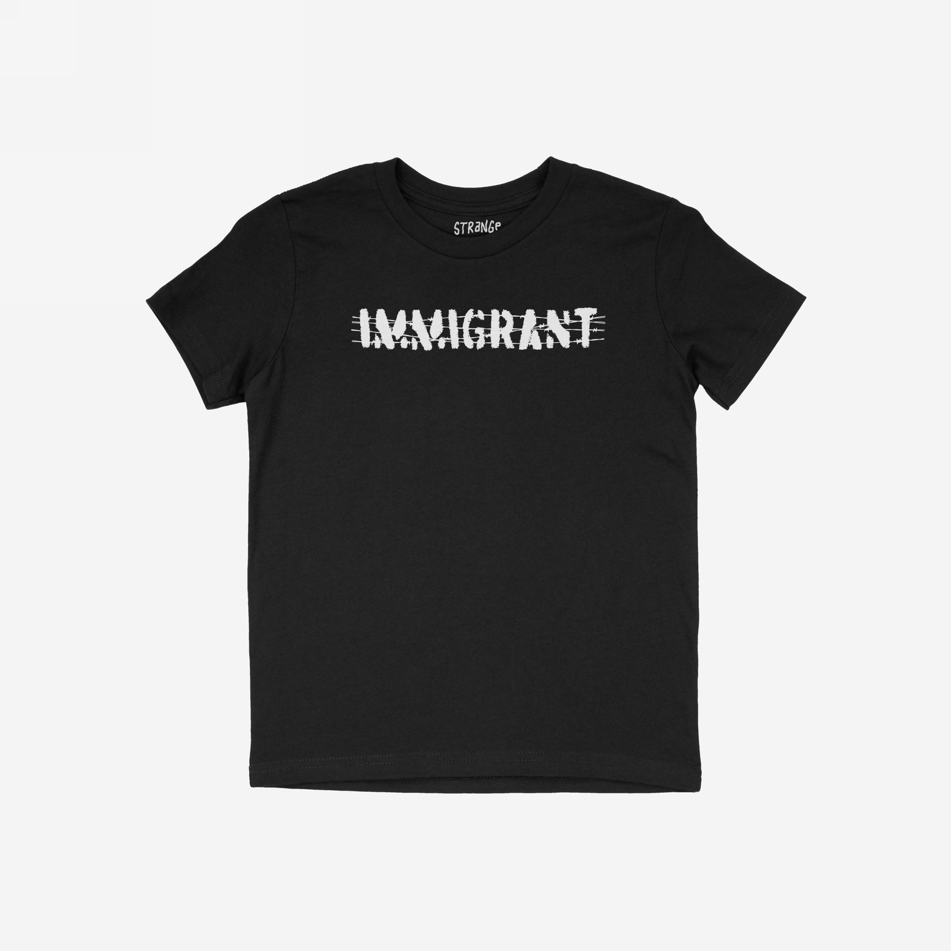 Immigrant Shirt featuring distressed stencil lettering IMMIGRANT with strikethrough lines, embodying resilience and solidarity. Ideal for activists and allies, promoting justice and equality.