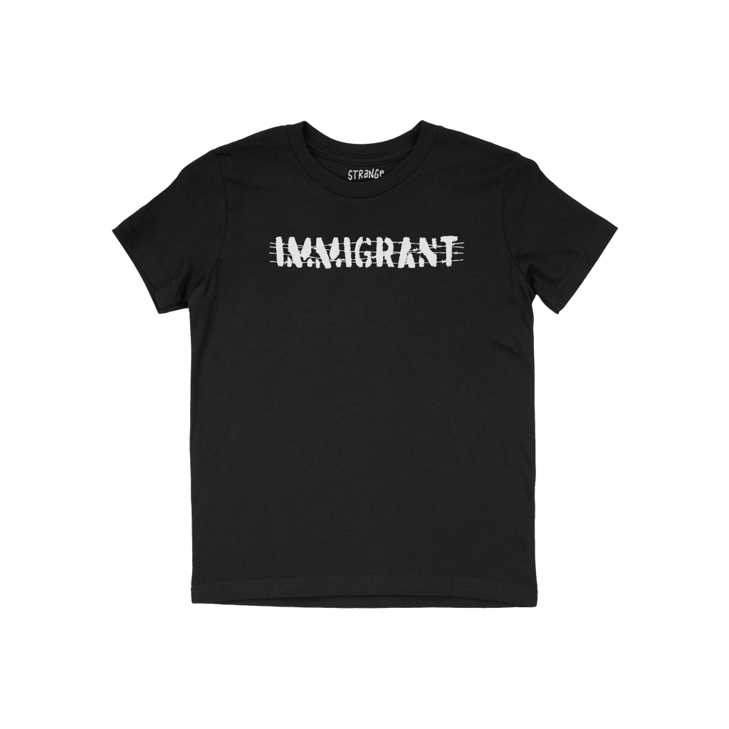 Immigrant Shirt featuring distressed stencil lettering IMMIGRANT with strikethrough lines, embodying resilience and solidarit