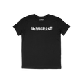 Immigrant Shirt featuring distressed stencil lettering IMMIGRANT with strikethrough lines, embodying resilience and solidarit