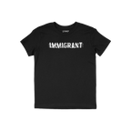 Immigrant Shirt featuring distressed stencil lettering IMMIGRANT with strikethrough lines, embodying resilience and solidarit
