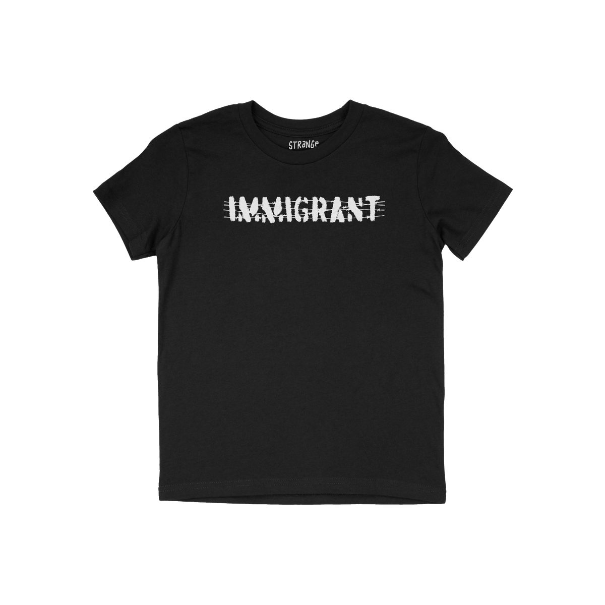 Immigrant Shirt featuring distressed stencil lettering IMMIGRANT with strikethrough lines, embodying resilience and solidarit