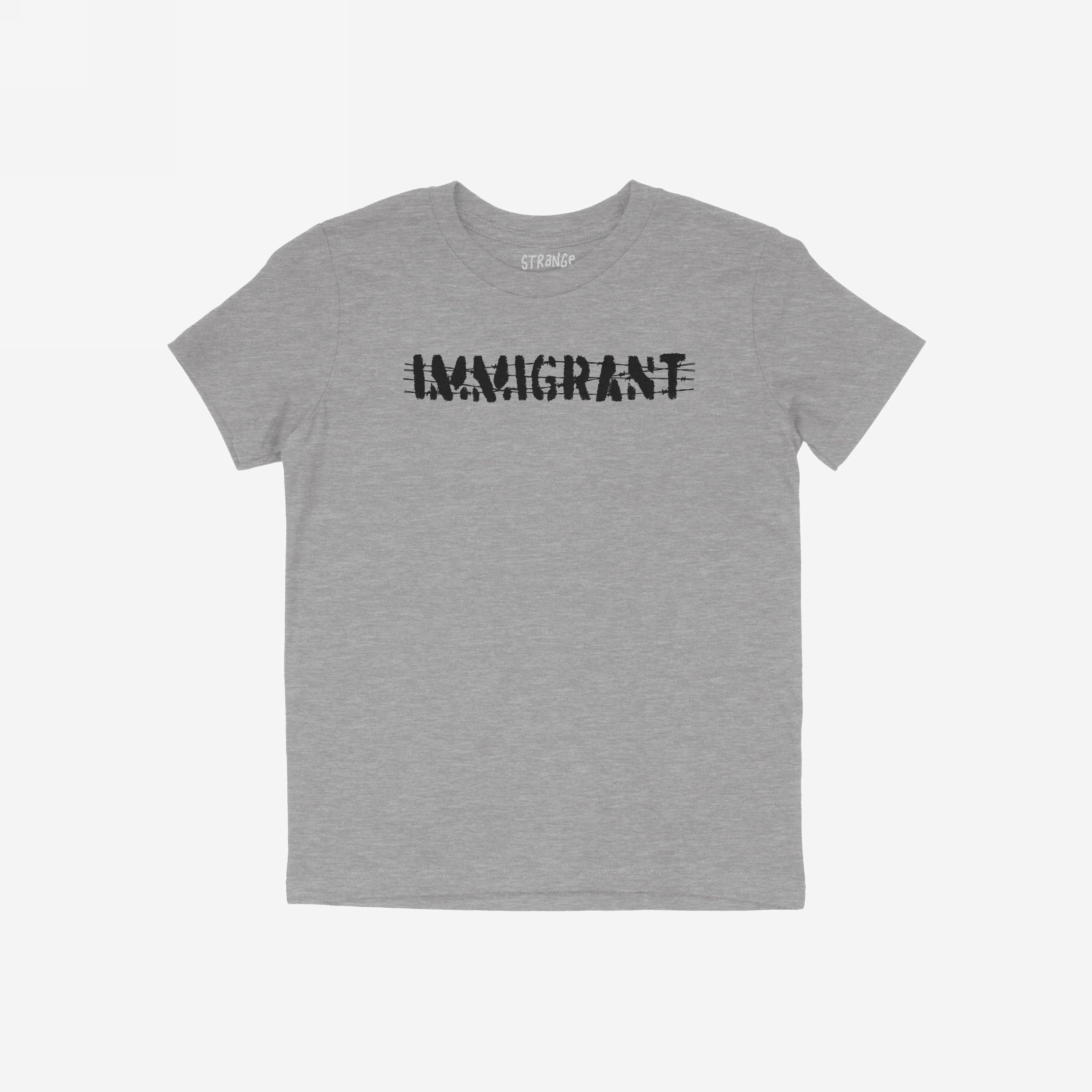Immigrant Shirt featuring bold, distressed stencil lettering with barbed wire accents, symbolizing resilience and unity. Ideal for activists and allies advocating justice and equality.