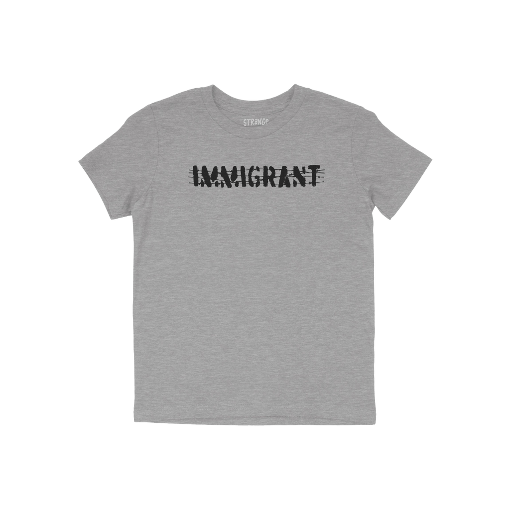 Immigrant Shirt featuring bold, distressed stencil lettering with barbed wire accents, symbolizing resilience and unity. Idea