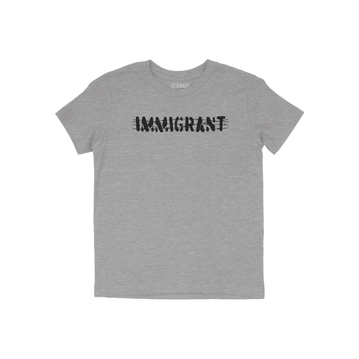 Immigrant Shirt featuring bold, distressed stencil lettering with barbed wire accents, symbolizing resilience and unity. Idea