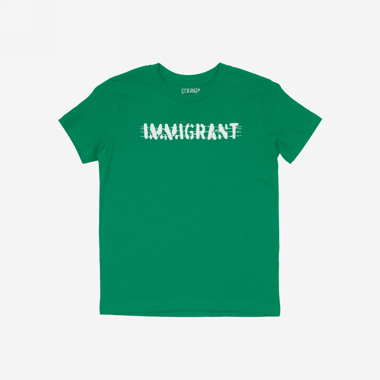 Green Immigrant Shirt featuring a distressed white “IMMIGRANT” print with a line through it, symbolizing resilience. Designed for activists and allies, embodying strength and unity in the fight for justice.