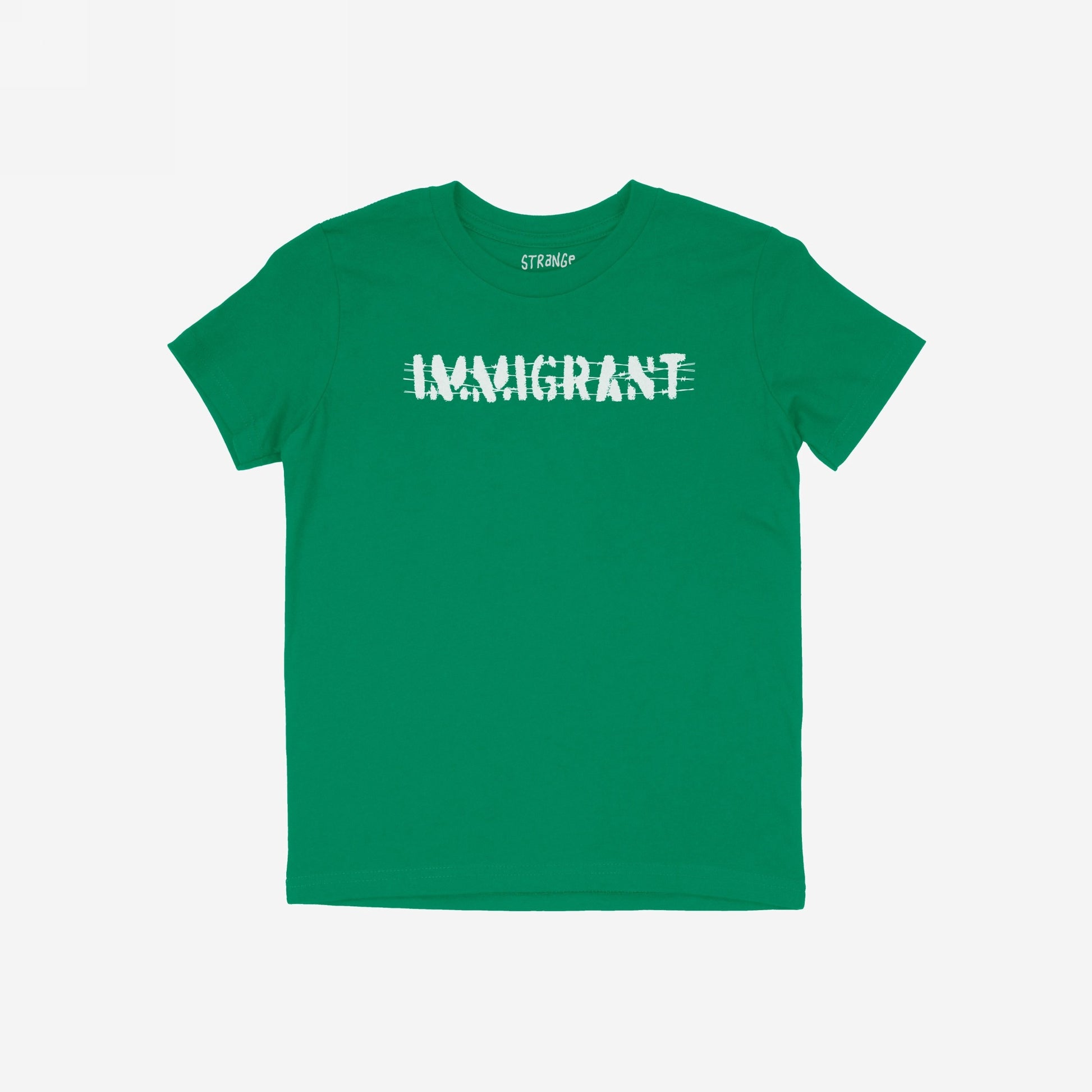 Green Immigrant Shirt featuring a distressed white “IMMIGRANT” print with a line through it, symbolizing resilience. Designed for activists and allies, embodying strength and unity in the fight for justice.