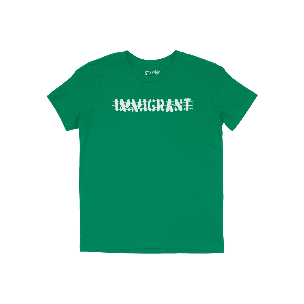 Green Immigrant Shirt featuring a distressed white “IMMIGRANT” print with a line through it, symbolizing resilience. Desi
