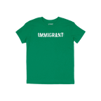 Green Immigrant Shirt featuring a distressed white “IMMIGRANT” print with a line through it, symbolizing resilience. Desi