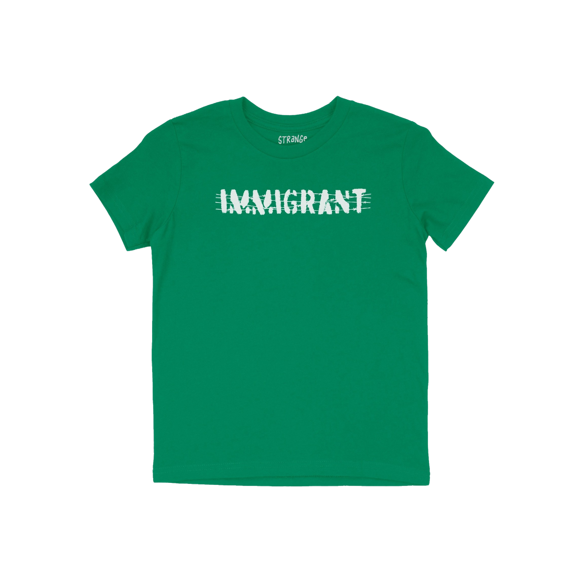 Green Immigrant Shirt featuring a distressed white “IMMIGRANT” print with a line through it, symbolizing resilience. Desi