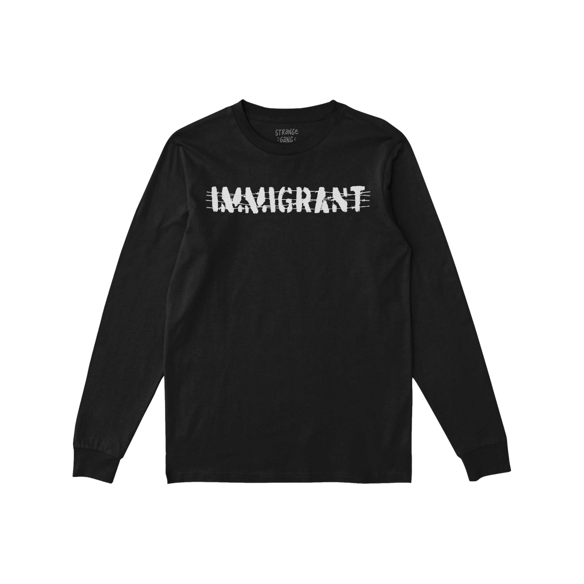 Black long-sleeve crew-neck T-shirt with IMMIGRANT in distressed white stencil lettering, symbolizing resilience and solidari