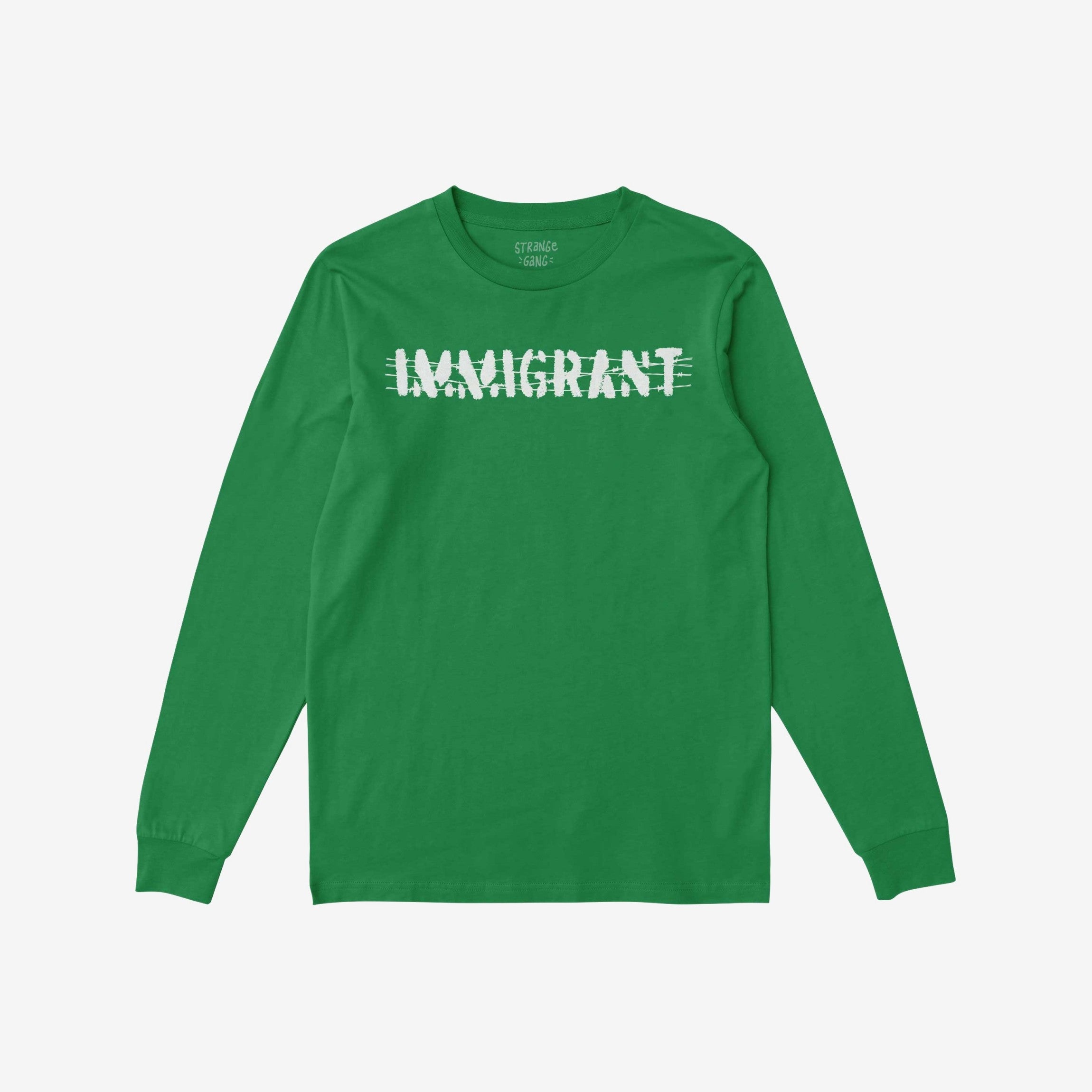 Immigrant Shirt featuring a white IMMIGRANT graphic in a scratched-out style across the chest, symbolizing resilience and unity. Long-sleeve crew-neck design, representing activism and solidarity in everyday wear.