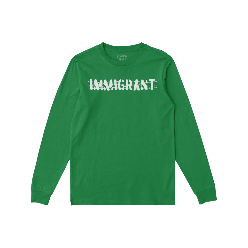 Immigrant Shirt featuring a white IMMIGRANT graphic in a scratched-out style across the chest, symbolizing resilience and uni
