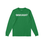 Immigrant Shirt featuring a white IMMIGRANT graphic in a scratched-out style across the chest, symbolizing resilience and uni