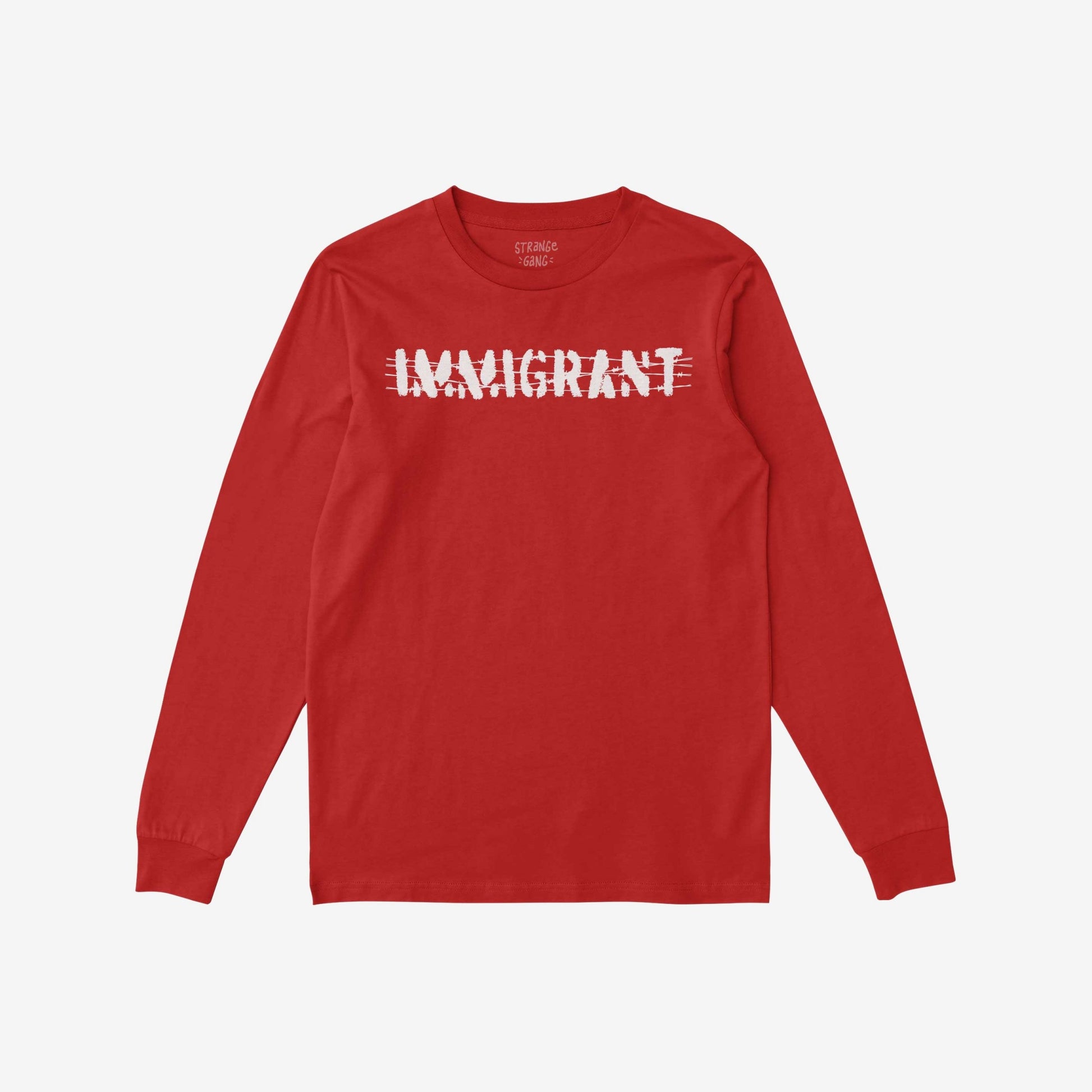 Immigrant T-shirt featuring bold IMMIGRANT text with barbed-wire motif, symbolizing resilience. Crew neckline, ribbed cuffs, designed for activism and solidarity.