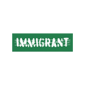 Aerial view of a street scene with a green banner reading IMMIGRANT in white, jagged letters over barbed-wire graphics. Immig