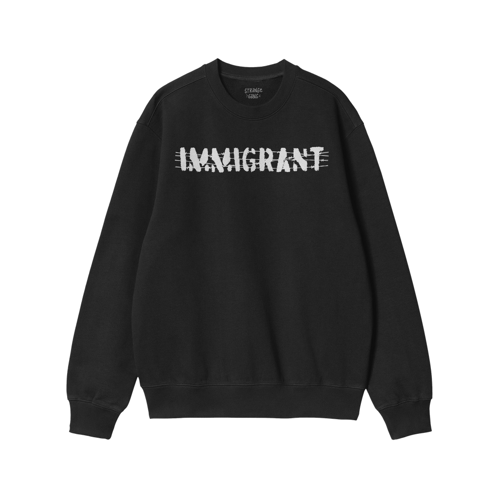 Black crewneck pullover featuring distressed IMMIGRANT print with scratch marks, embodying the Immigrant Hoodie & Sweatshirt'