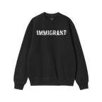 Black crewneck pullover featuring distressed IMMIGRANT print with scratch marks, embodying the Immigrant Hoodie & Sweatshirt'