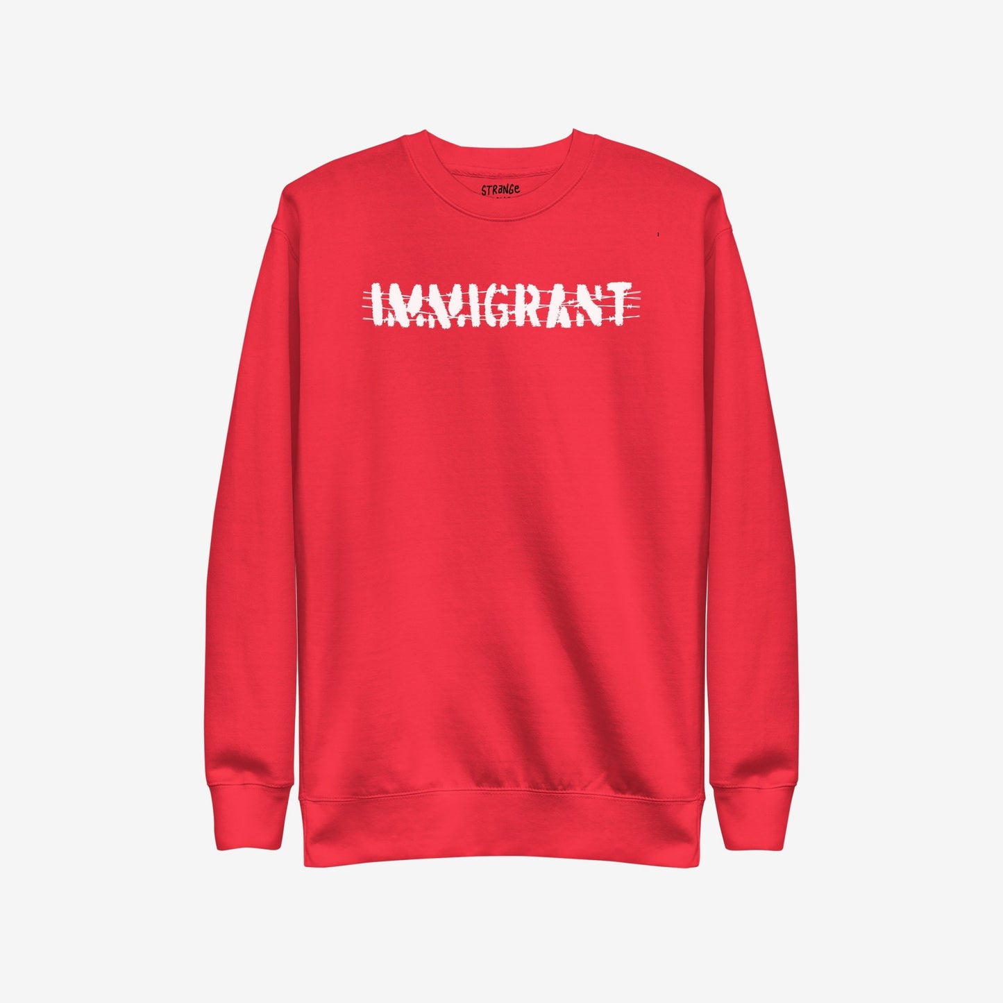 Red crewneck Immigrant Hoodie & Sweatshirt with distressed IMMIGRANT text, symbolizing activism and solidarity, perfect for unisex wear at protests and in daily life.