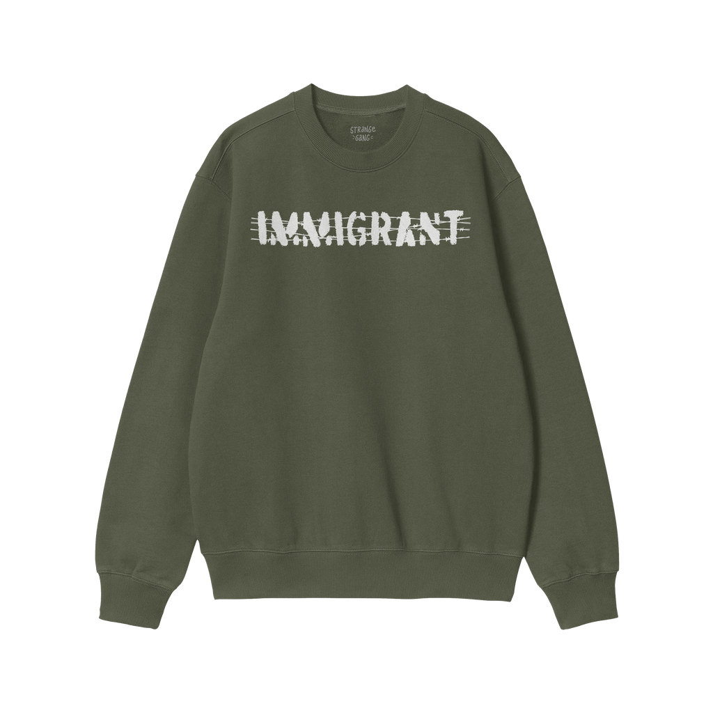 Red crewneck Immigrant Hoodie & Sweatshirt with distressed IMMIGRANT text, symbolizing activism and solidarity, perfect for u